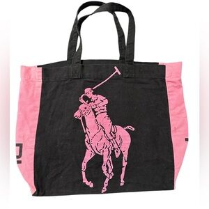 Pink & Black Polo Bear Tote Bag | Large Canvas Shopper | Preppy Y2K